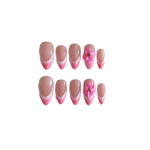 3D pink floral almond handmade press on nails glossy finish